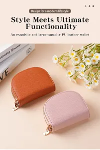 Close-up view of elegant dual zipper PU leather card wallet with floral background decor.