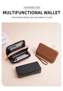 Close-up detail of multi-functional double zipper women wallet with card slots and phone pocket.