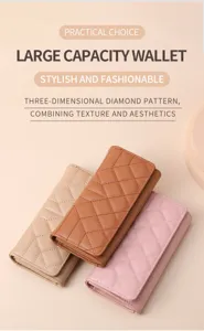 Details of women's trifold long wallet with diamond quilted pattern and large storage capacity.