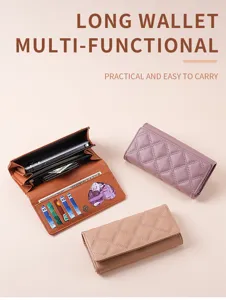 Multi-functional long wallet for women with quilted design, card slots and phone pocket.