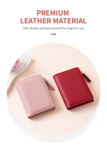 Premium leather short wallet for women with lychee pattern and convenient zip closure details.