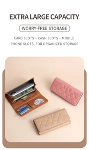 Quilted long wallet detail showcasing card slots, cash compartment, and mobile phone space.