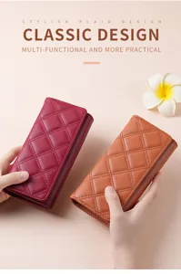 Classic quilted long wallet detail showing premium leather texture and elegant double color options.
