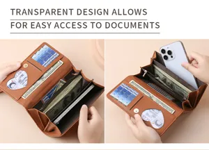 Premium women's trifold long leather wallet with clear ID window and large capacity.