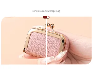 Mini kiss lock jewelry storage bag, pink leather coin pouch for rings and small items.