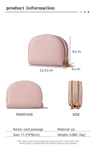 Pink double zipper PU card holder compact coin purse portable mini wallet daily card case organizer