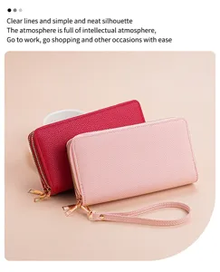 Fashion women long double zipper wallet large capacity card holder solid color wrist bag