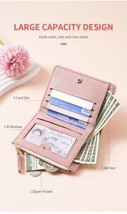 Detail view of the pink leather short wallet showing multiple card slots, ID window, and coin pocket.