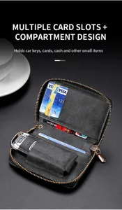 Men leather zipper key wallet coin purse with multi card slots and car key holder compartment.