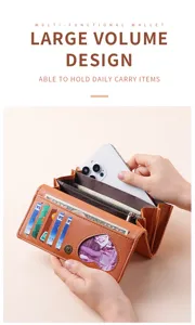 Detail view of women's tri-fold long wallet showcasing multiple card slots and phone pocket.