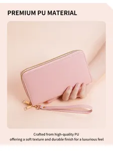 Women PU leather long wallet double zipper purse with stylish wrist strap detail view