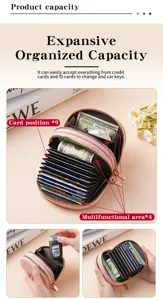 Compact pink double-zipper accordion card wallet with large capacity, multiple slots for daily use.