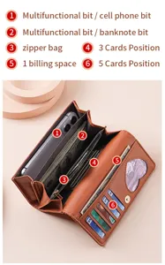 Brown long wallet for women, tri-fold leather clutch purse with phone pocket and card slots.