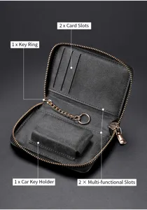 Detailed view of black leather zipper key wallet interior with card slots and key ring.