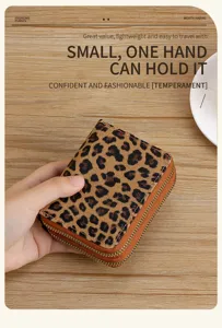 Leopard print double zipper short wallet detail view, compact coin purse and card organizer.
