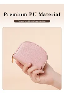 Mini pink PU leather coin purse with double zipper, compact card holder and wallet daily use.