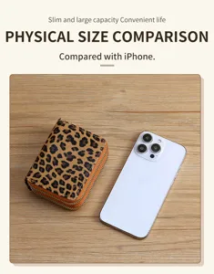 Leopard print short women wallet double zipper coin purse card holder with compact size.