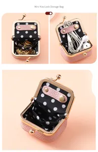 Mini kiss lock storage bag for jewelry, rings, and earphones, portable pink pu leather pouch.