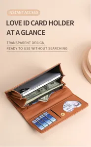 Long trifold wallet with multiple card slots, ID window, and phone compartment for women.
