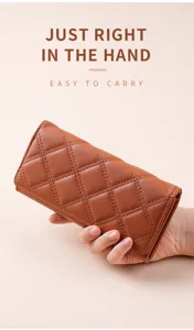 Chic quilted long wallet for women, elegant brown PU leather clutch bag with large capacity.