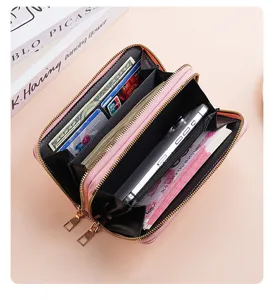 Women double zipper long wallet with multi card slots and phone pocket in pink leather.