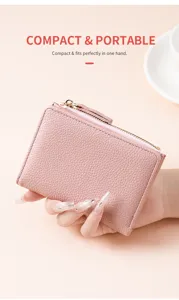 Pink litchi grain short leather wallet detail, compact zipper card holder purse for women.