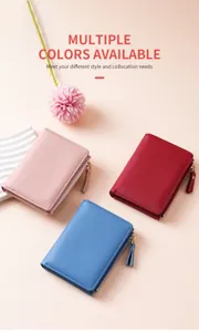 Stylish women's short wallet with multiple card slots and durable zipper closure design.