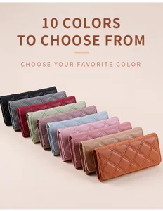 Detail view of stylish quilted long wallets in multiple vibrant colors for women options.