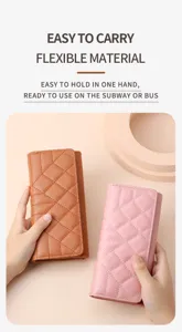 Long quilted trifold wallet for women, large capacity stylish clutch purse in pink and brown.