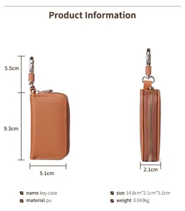 Astuccio per chiavi in ecopelle marrone con cerniera e gancio per uso quotidiano comodo.