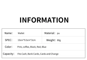 Women PU leather short wallet specification detail showing size 13x9.5x2cm and multi colors.