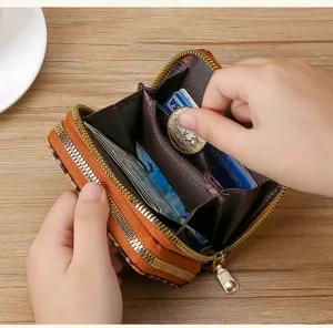 Leopard print women short wallet interior detail, multi card slots and coin pocket zipper.