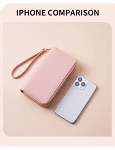 Detailed view of pink double zipper PU leather women wallet clutch with phone comparison.