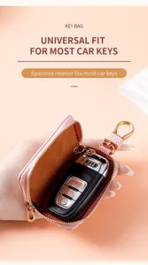 Detailansicht der rosa Leder Autoschlüssel Tasche mit geräumigem Innenraum und Reißverschluss.