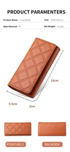 Classic quilted long PU leather wallet detail view, showcasing elegant design and dimensions.
