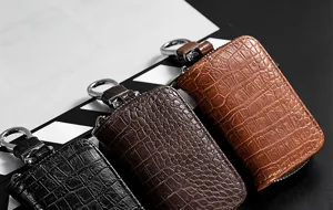 Heren krokodillenpatroon lederen auto sleuteletui tas met ritssluiting zakelijke stijl.
