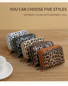 Leopard print double zipper short women wallet multi-functional coin purse card holder style.
