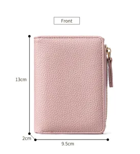 Womens short PU leather wallet with multiple card slots and zipper pocket, pink color 13x9.5cm