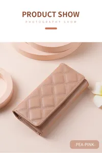 Classic quilted long trifold wallet for women, large capacity pu leather clutch phone purse.