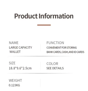 Large capacity long wallet detail showing dimensions 18.8x9.6x2.5cm and card storage.
