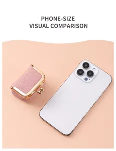 Compact pink mini kiss-lock coin purse and jewelry storage pouch shown for size comparison detail.