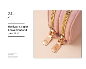 Detailed view of the double metal zippers and textured pink leather card holder design.