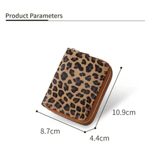 Leopard print double zipper wallet detail showing compact card slot and precise dimensions.