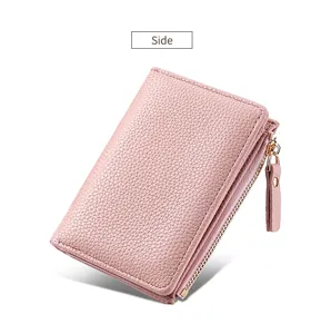 Women pink short litchi pattern leather wallet with zipper card holder for daily use style
