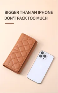 Detailed view of large quilted long wallet shown with smartphone for size reference.