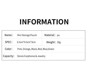 Mini storage pouch specification chart displaying dimensions, material, color, and capacity details.
