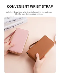 Women double zipper long wallet with wrist strap, large capacity multi card slots phone purse.
