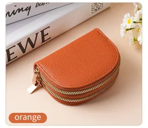 Orange double zipper mini coin purse fashionable card holder leather wallet pouch