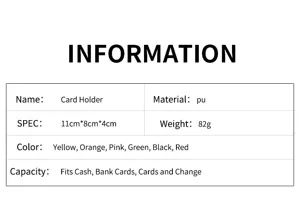 Specifiche dettagliate del porta carte che mostrano dimensioni, materiale e colori.