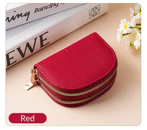 Close-up of red double zipper card wallet, premium textured PU leather, compact daily accessory.